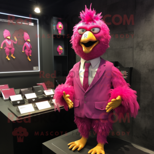 Magenta Chicken mascot costume character dressed with a Suit Jacket and Keychains