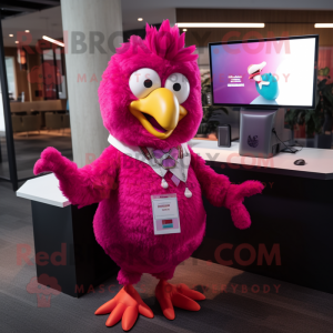 Magenta Chicken mascot costume character dressed with a Suit Jacket and Keychains