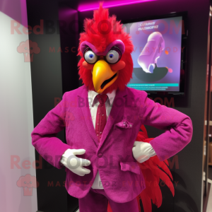 Magenta Chicken mascot costume character dressed with a Suit Jacket and Keychains