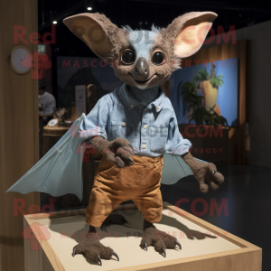 Brown Fruit Bat mascot costume character dressed with a Chambray Shirt and Foot pads