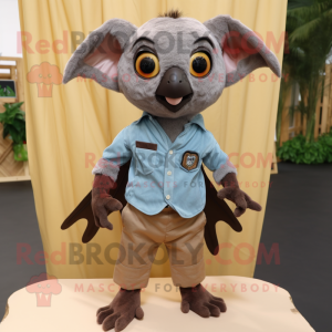 Brown Fruit Bat mascot costume character dressed with a Chambray Shirt and Foot pads