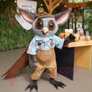 Brown Fruit Bat mascot costume character dressed with a Chambray Shirt and Foot pads