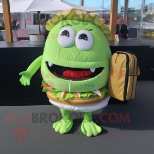 Lime Green Hamburger mascot costume character dressed with a Sweater and Backpacks