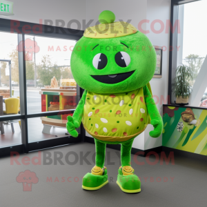 Lime Green Hamburger mascot costume character dressed with a Sweater and Backpacks