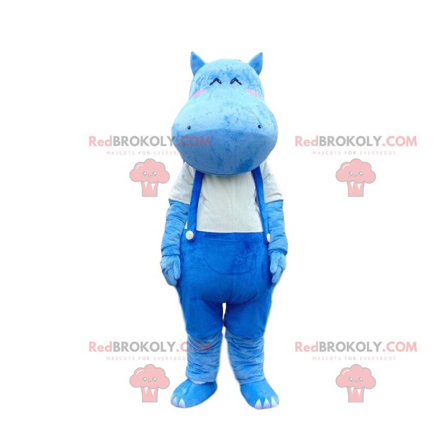 Mascotte d'hippopotame bleu en salopette, costume hippo -