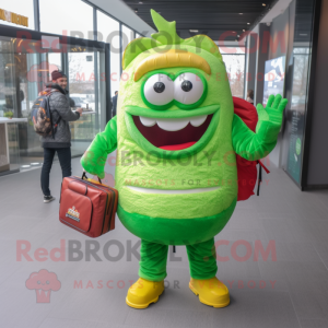 Lime Green Hamburger mascot costume character dressed with a Sweater and Backpacks