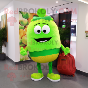 Lime Green Hamburger mascot costume character dressed with a Sweater and Backpacks