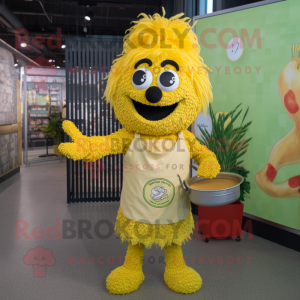 Yellow Paella mascot costume character dressed with a Romper and Brooches