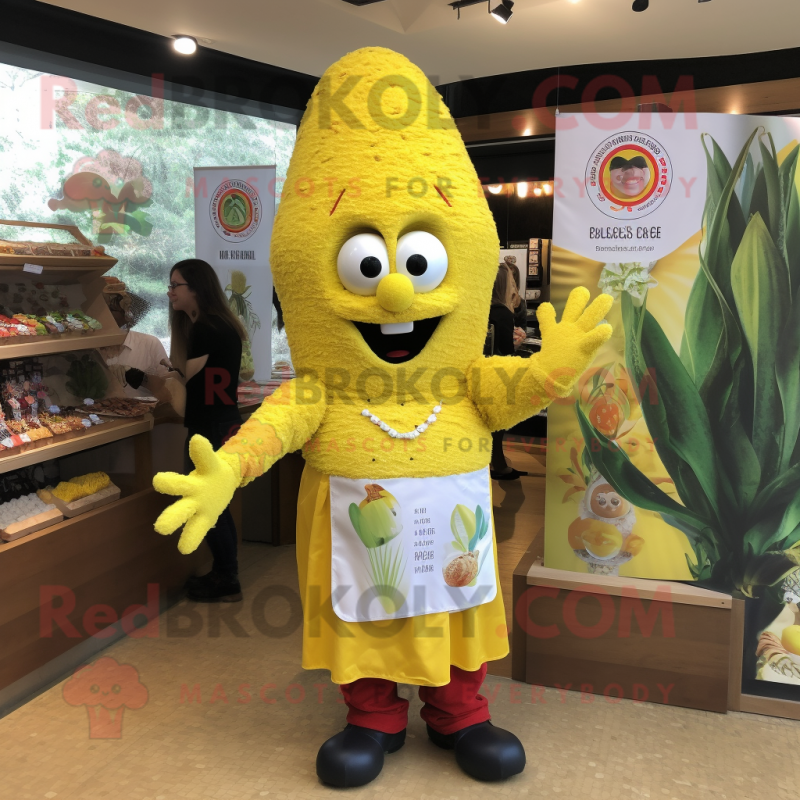 Yellow Paella mascot costume character dressed with a Romper and Brooches Yellow Paella mascot costume character dressed with a Romper and Brooches
