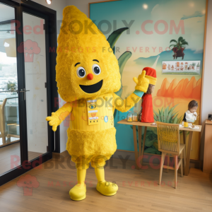 Yellow Paella mascot costume character dressed with a Romper and Brooches