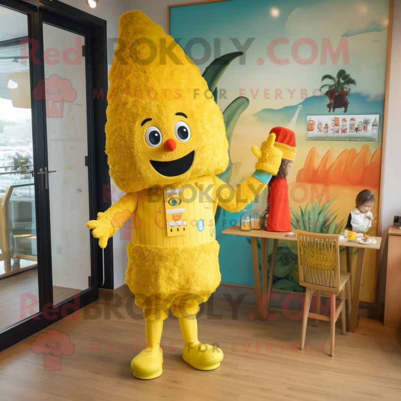 Yellow Paella mascot costume character dressed with a Romper and Brooches Yellow Paella mascot costume character dressed with a Romper and Brooches