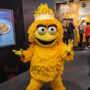 Yellow Paella mascot costume character dressed with a Romper and Brooches