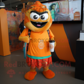 Orange Biryani mascot costume character dressed with a Graphic Tee and Wallets