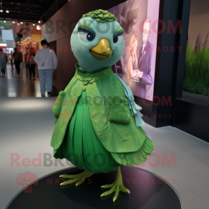 Green Quail mascot costume character dressed with a Skirt and Brooches