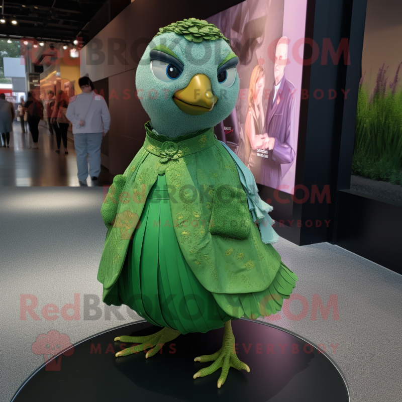 Green Quail mascot costume character dressed with a Skirt and Brooches Green Quail mascot costume character dressed with a Skirt and Brooches