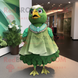 Green Quail mascot costume character dressed with a Skirt and Brooches