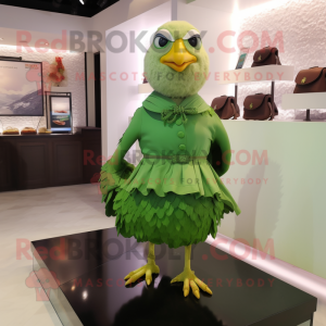 Green Quail mascot costume character dressed with a Skirt and Brooches