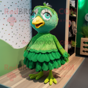 Green Quail mascot costume character dressed with a Skirt and Brooches