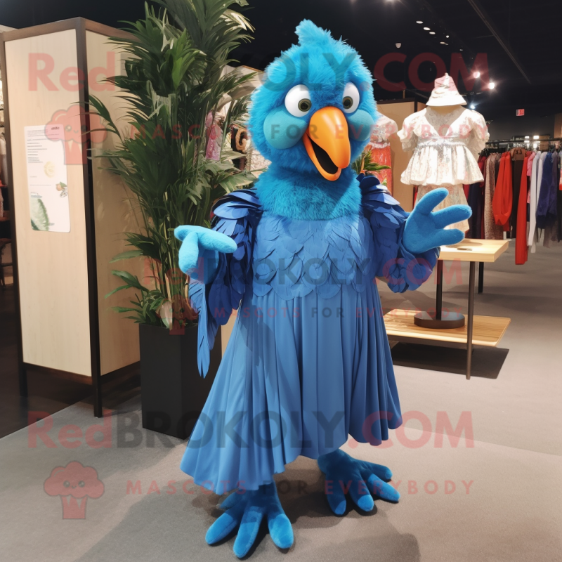 Blue Parrot mascot costume character dressed with a Maxi Dress and Earrings