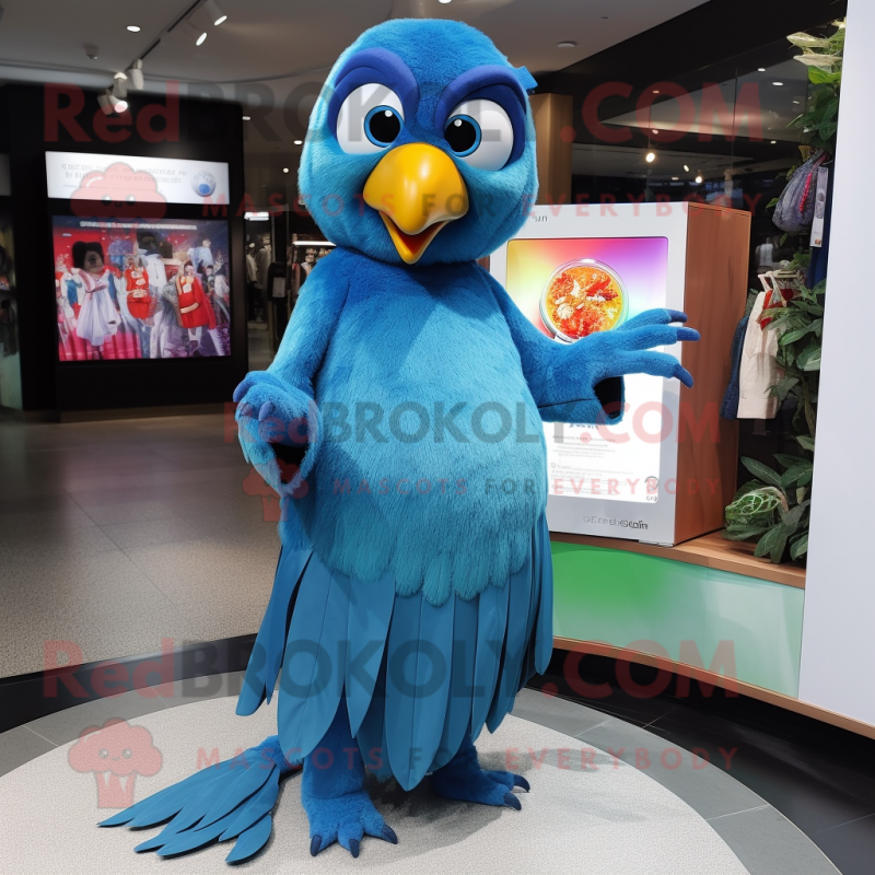 Blue Parrot mascot costume character dressed with a Maxi Dress and Earrings Blue Parrot mascot costume character dressed with a Maxi Dress and Earrings