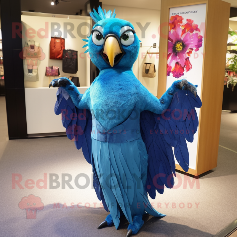 Blue Parrot mascot costume character dressed with a Maxi Dress and Earrings