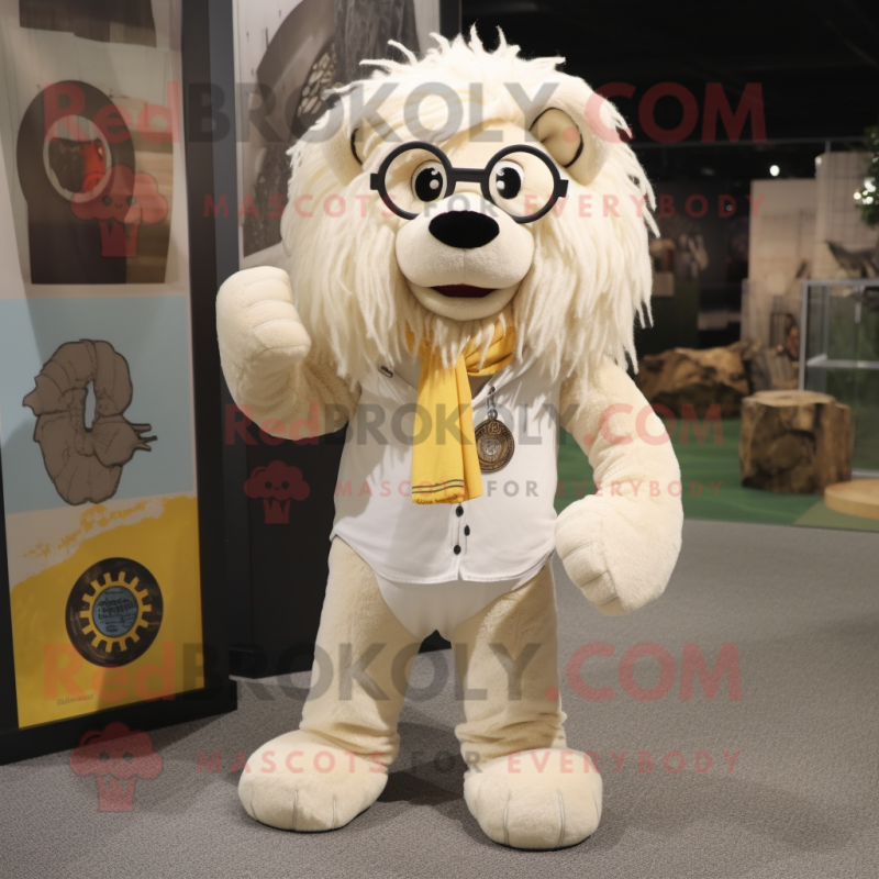 Cream Lion mascot costume character dressed with a Corduroy Pants and Eyeglasses Cream Lion mascot costume character dressed with a Corduroy Pants and Eyeglasses