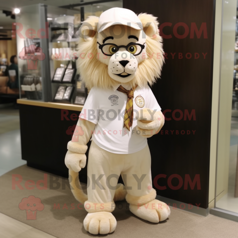 Cream Lion mascot costume character dressed with a Corduroy Pants and Eyeglasses Cream Lion mascot costume character dressed with a Corduroy Pants and Eyeglasses