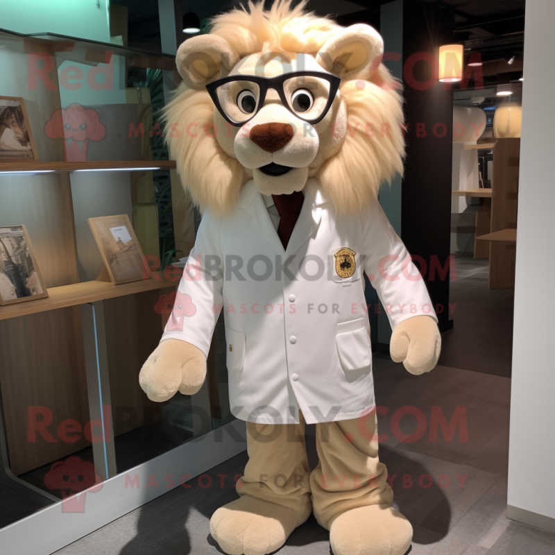 Cream Lion mascot costume character dressed with a Corduroy Pants and Eyeglasses