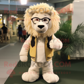 Cream Lion mascot costume character dressed with a Corduroy Pants and Eyeglasses