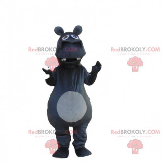 Mascotte d'hippopotame gris foncé géant, costume de rhinocéros