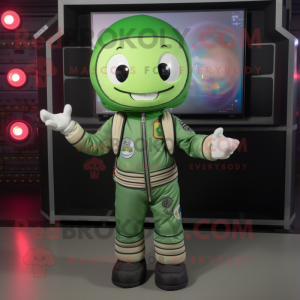 Green Astronaut mascot costume character dressed with a Bomber Jacket and Headbands