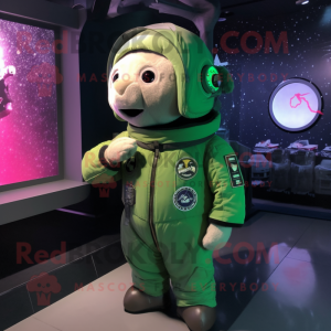 Green Astronaut mascot costume character dressed with a Bomber Jacket and Headbands