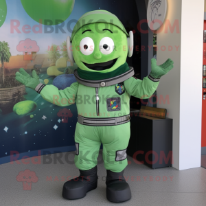 Green Astronaut mascot costume character dressed with a Bomber Jacket and Headbands