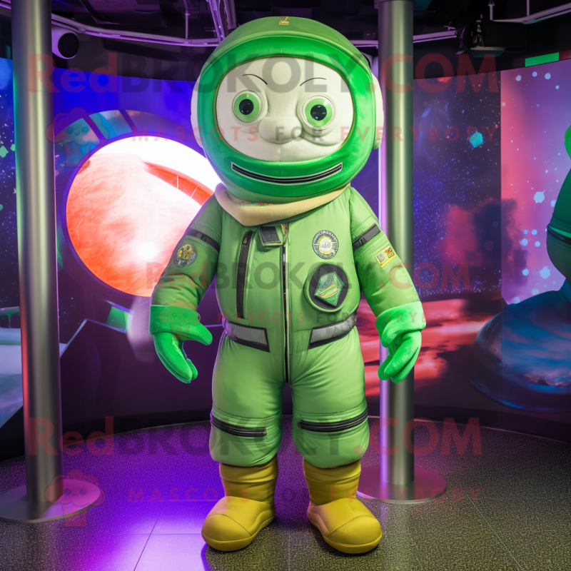 Green Astronaut mascot costume character dressed with a Bomber Jacket and Headbands