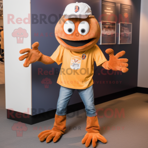 Rust Crab Cakes mascot costume character dressed with a Graphic Tee and Caps