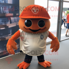 Rust Crab Cakes mascot costume character dressed with a Graphic Tee and Caps