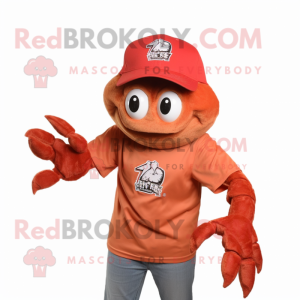 Rust Crab Cakes mascot costume character dressed with a Graphic Tee and Caps