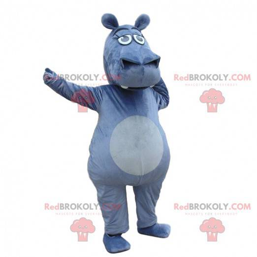 Mascotte d'hippopotame gris foncé géant, costume de rhinocéros