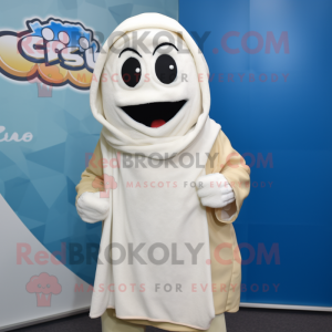 Cream Cod mascot costume character dressed with a Hoodie and Scarves