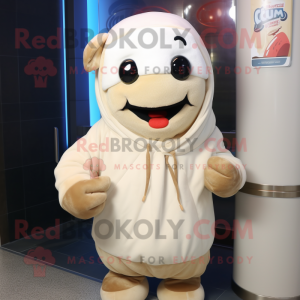 Cream Cod mascot costume character dressed with a Hoodie and Scarves