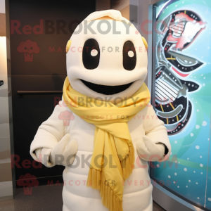 Cream Cod mascot costume character dressed with a Hoodie and Scarves