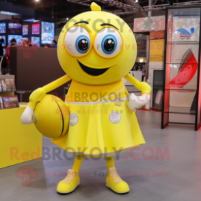 Lemon Yellow Handball Ball mascot costume character dressed with a Wrap Skirt and Messenger bags