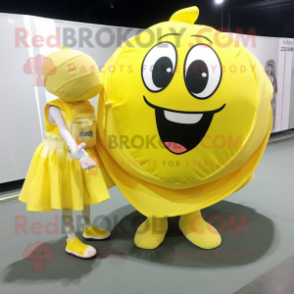 Lemon Yellow Handball Ball mascot costume character dressed with a Wrap Skirt and Messenger bags
