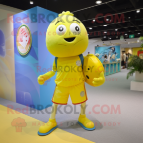 Lemon Yellow Handball Ball mascot costume character dressed with a Wrap Skirt and Messenger bags