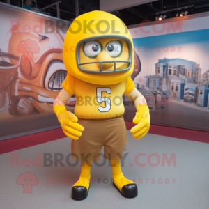 Yellow American Football Helmet mascot costume character dressed with a Henley Tee and Hair clips