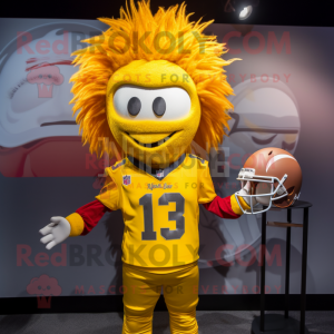 Yellow American Football Helmet mascot costume character dressed with a Henley Tee and Hair clips