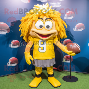 Yellow American Football Helmet mascot costume character dressed with a Henley Tee and Hair clips