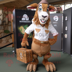 Brown Boer Goat mascot costume character dressed with a Poplin Shirt and Briefcases
