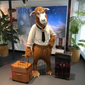 Brown Boer Goat mascot costume character dressed with a Poplin Shirt and Briefcases