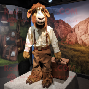 Brown Boer Goat mascot costume character dressed with a Poplin Shirt and Briefcases